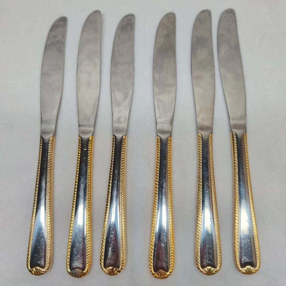 Set of 6 Stainless Steel Dinner Knives Gold Rope Trim Two Tone 9 Inch Flatware